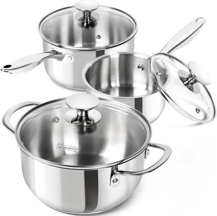 MICHELANGELO Stainless Steel Saucepan Set with Lid, Triple Bottom Stainless Steel Base, Scald-proof Double Rivet Handles