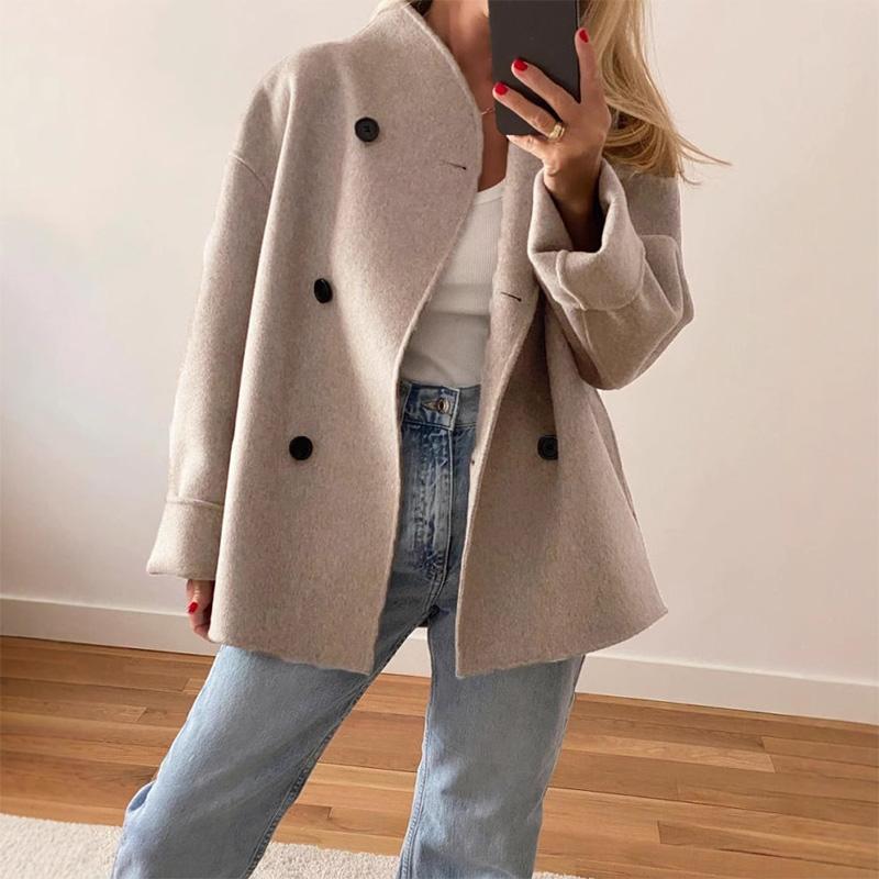 Женское винтажное элегантное теплое шерстяное пальто осень-зима повседневное двубортное однотонное пальто шикарный воротник-стойка верхнее пальто для поездок на работу