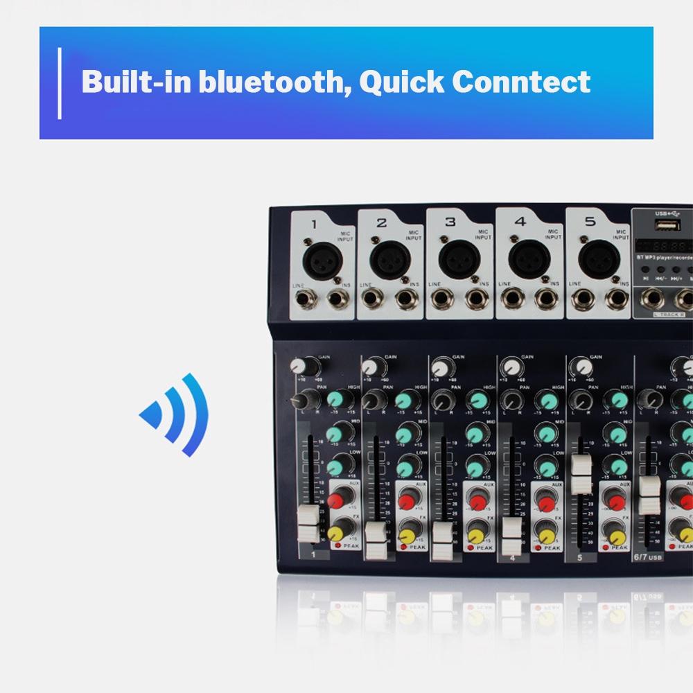 7 Channel Bluetooth Audio Mixer USB Digital Microphone Sound Mixer Console Professional Karaoke Audio Mixer Amplifier 32x23.5x3.8cm
