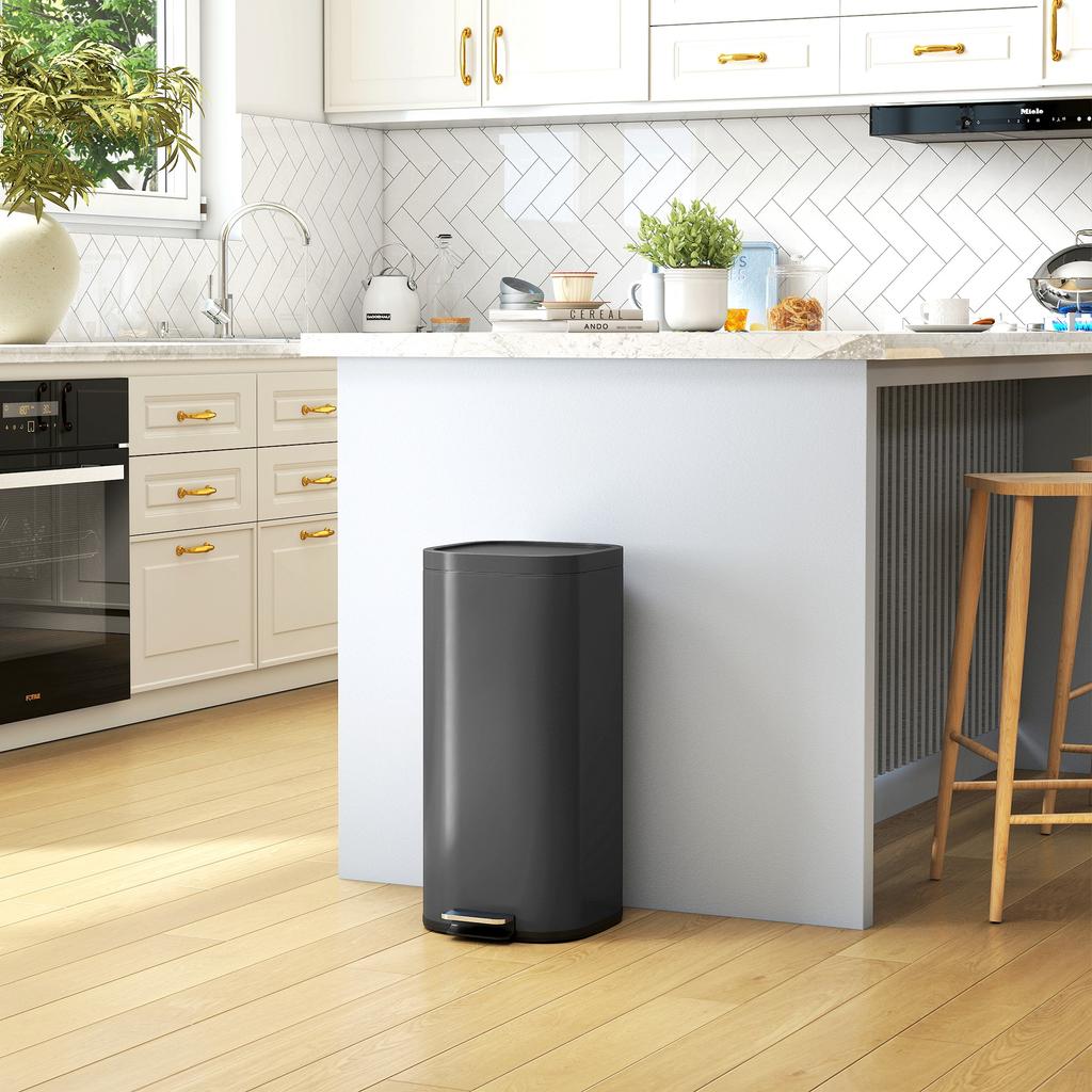30L Kitchen Bin, Compact Pedal Bin with Soft-Close and Stay-Open Lid, Removable Bucket for Kitchen, Home, Office, Black