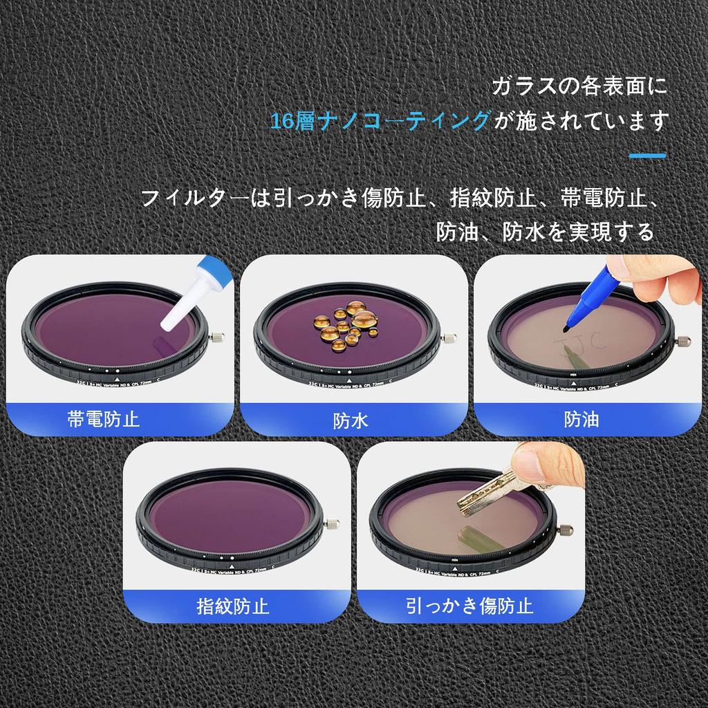 Variable JJC 72mm Variable ND Filter CPL Filter Nano Coating for Nikon Z F4S Canon EF 50mm Sigma Sony FE and other lenses and Thin frame design