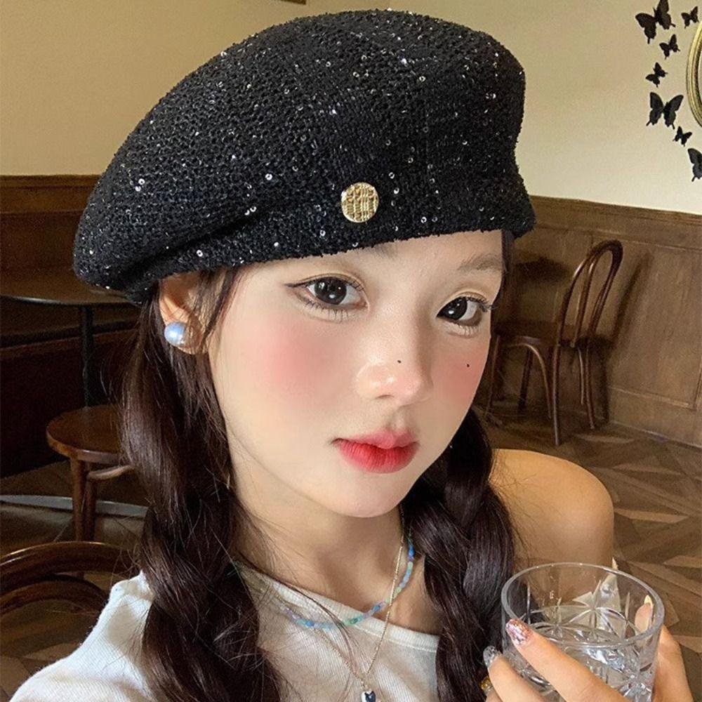 Paillette Weave Hat Breathable Crochet Knitted Cap Elegant Sequin Beret Hat Beach