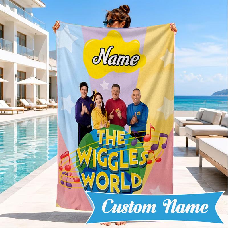 Custom Name Wiggly World Tour Adventure Beach Towel Microfiber Beach Towel, Lightweight and Quick-Dry, for Summer Travel, Swimming Pool Gift