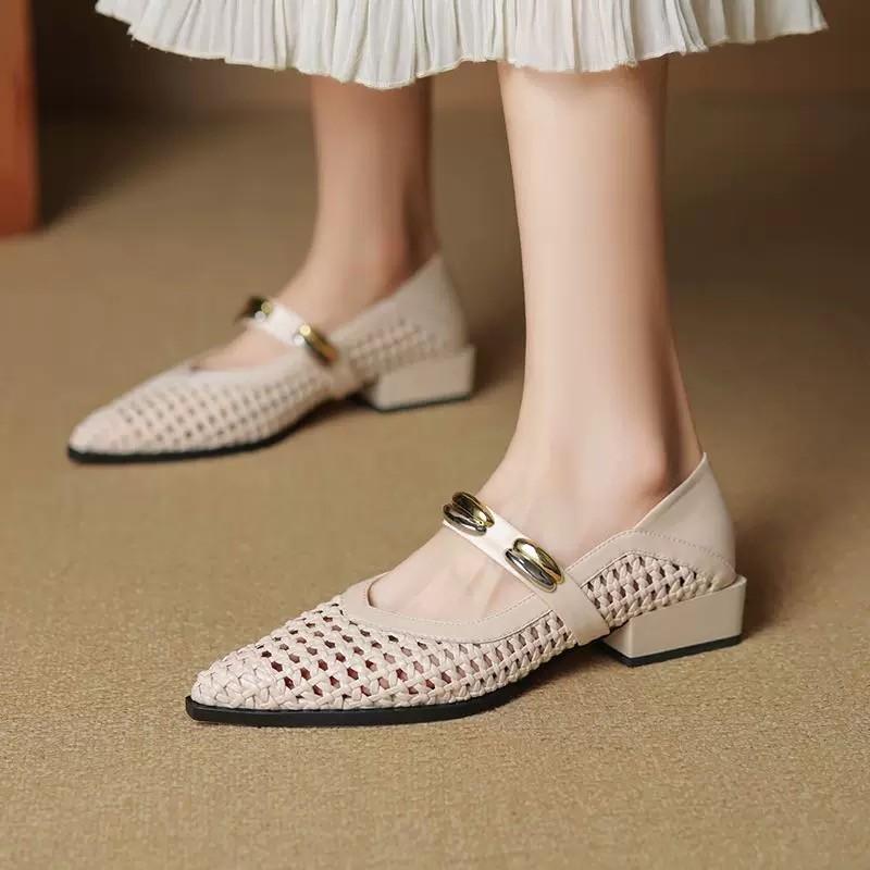 Мода 2025 Лето Французский Низкий Каблук Ажурные С Мелким Вырезом Кожаные Туфли-Лодочки с Квадратным Носком Женские