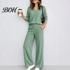 Wide Leg Trousers Women Sweatshirt Pants 2-Piece Set, V-Neck Long Sleeve Top & Two Piece Sets with Elastic Waist, Solid Color Matching Lounge