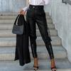 Women Pants Smooth Faux Leather Zipper Decor Slim Fit High Waist Zipper Button Closure Multi Pockets Solid Color Pencil Pants Long Trousers