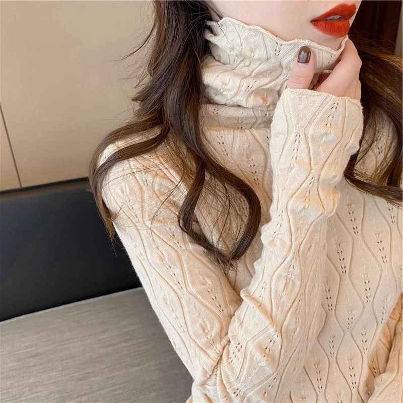 New Turtleneck Long Sleeved Fashion Pullover Sweater Pile Collar Women Basic Shirt Autumn Winter Inner Hollow Out Knitted Sweaters Slim Fit Thin Top