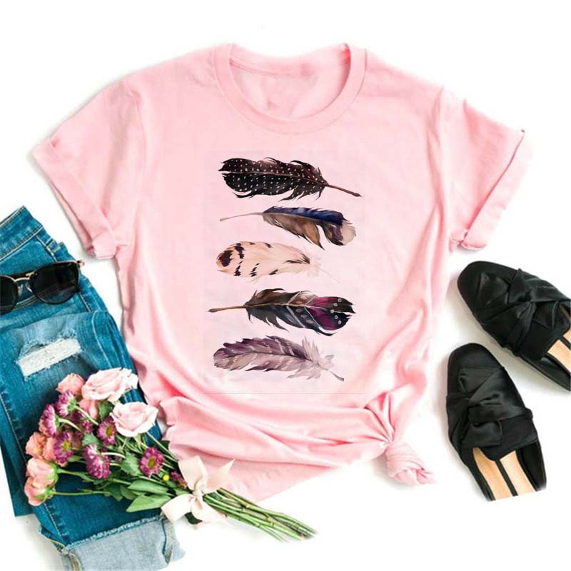 Модная женская футболка с забавным принтом бабочки и пера, футболка, летние топы с коротким рукавом, футболка, женские футболки с перьями