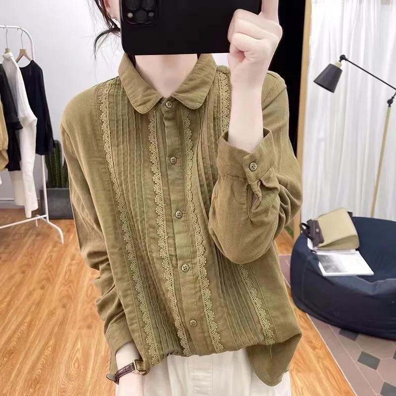 Spring Autumn Women's Lace Patchwork Pure Cotton Long Sleeved Shirt for Women Loose Retro Top Pleated Base Shirt