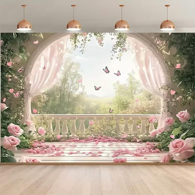 Pink Rose Balcony Tapestry, Romantic Floral Butterfly Background Cloth, Wedding Party Backdrop