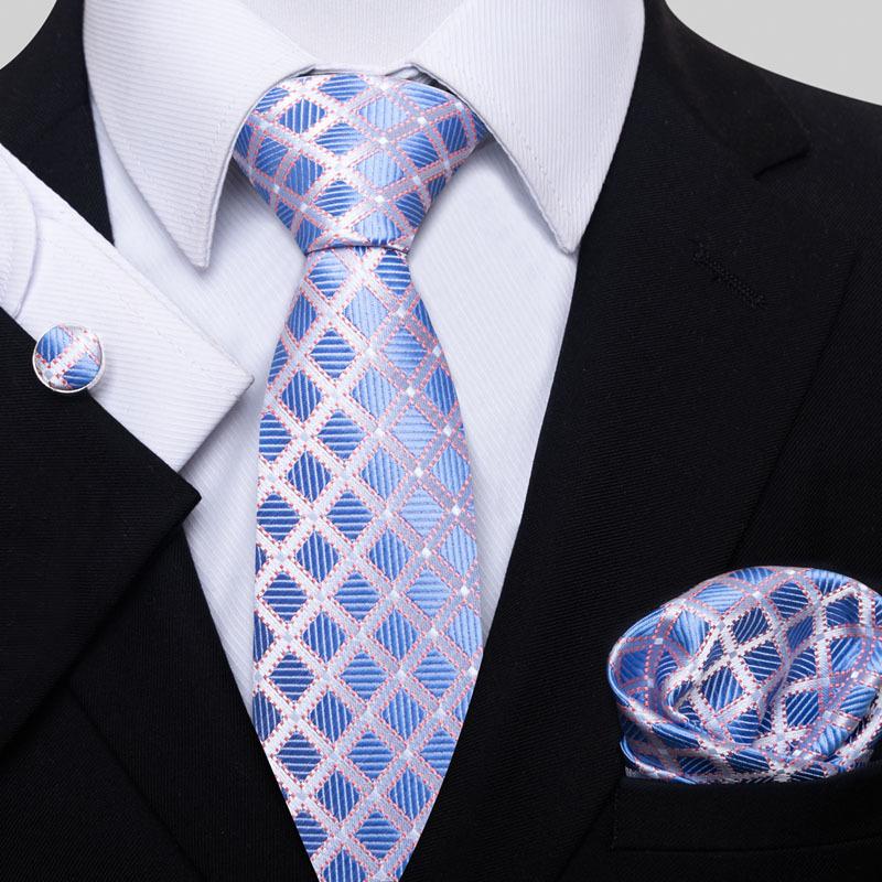 Men's 8cm Solid & Polka Dot Plaid Tie Set with Cufflinks & Pocket Square