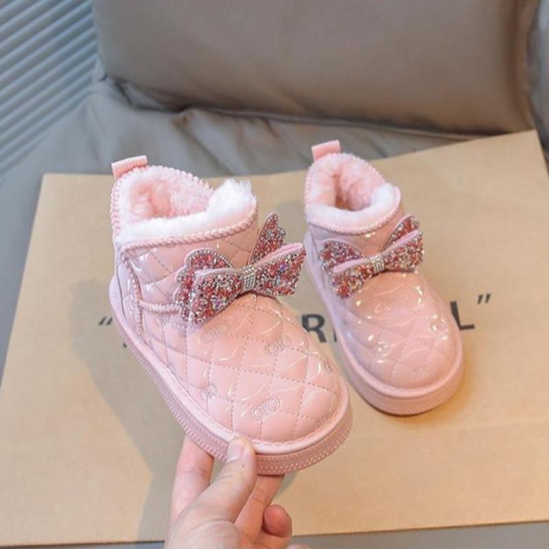 Теплые девичьи ботинки-принцессы для снега, зимние флисовые и утепленные хлопковые ботинки, детские нескользящие ботинки на толстой подошве