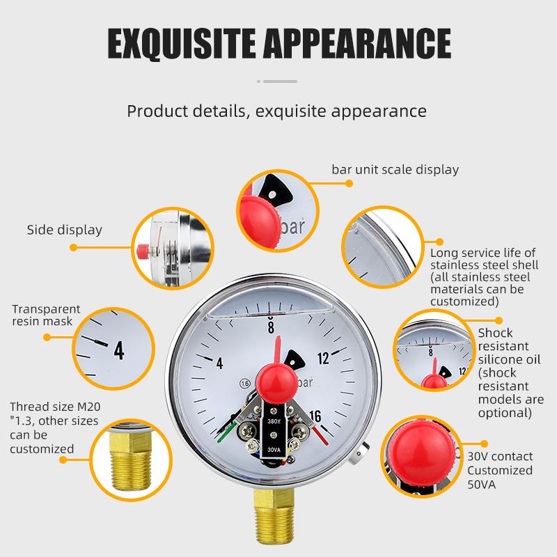 Pressure Gauge Electric Contact Pressure Gauge 220V 380V M20*1.5 Installed At The Bottom For Air Gas Water Fuel Liquid