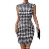 Spring & Summer Houndstooth Sleeveless Mock Neck Midi Dress