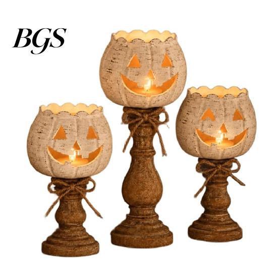 Small Pumpkin Candle Holders Rustic White Tealight Holder Set, Farmhouse Halloween Tea Light Decorative Fall Accents for Coffee Bar Decor, Tables