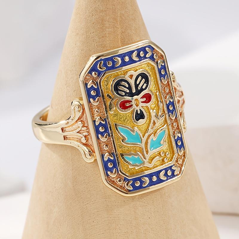 Богемное Элегантное Роскошное Ретро Золотого Цвета Кольцо с Искусственной Эмалью в Виде Цветка для Подарка, для Отпуска, Рождественский Аксессуар