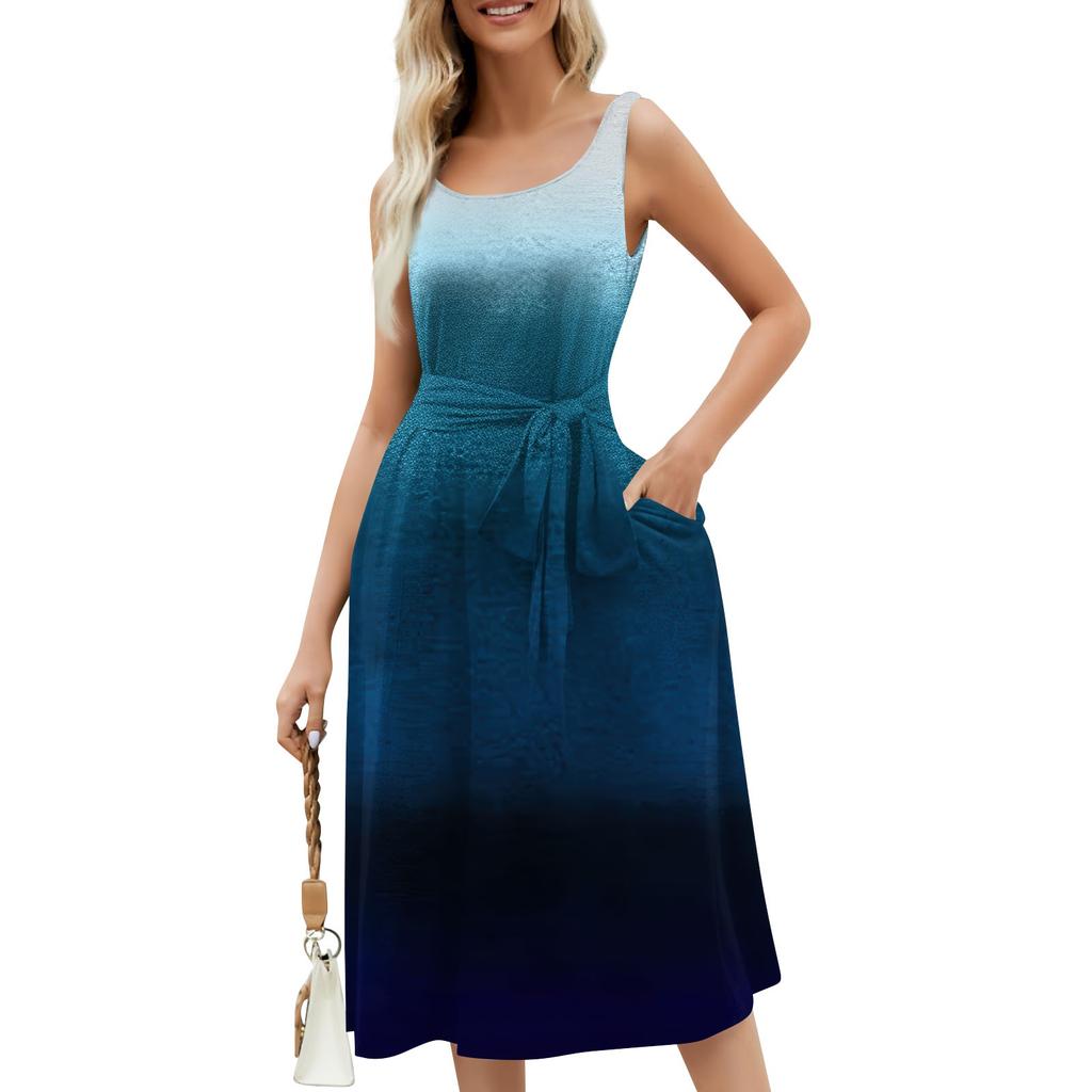 Летние платья для женщин 2024, пляжные свободные с круглым вырезом, без рукавов, миди-трапеции, распашное платье, сарафаны с карманами