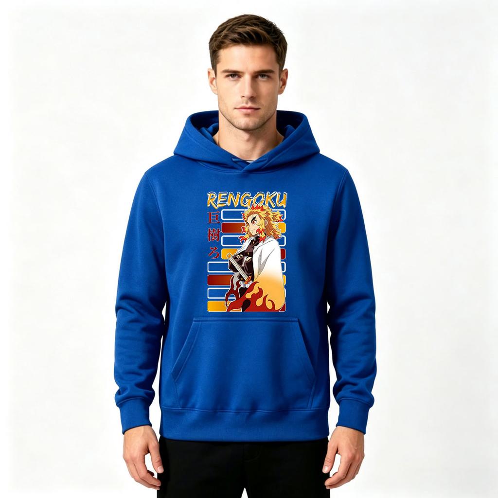 Men Anime Rengoku Print Pullover Hoodie Casual Long Sleeve Loose Sweatshirt for Daily Wear