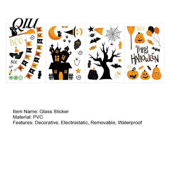 Bright Color Halloween Decals 4 Sheets Electrostatic Glass Stickers, Cartoon Pumpkins Castle Bats Window Friendly Art PVC Waterproof Static Clings for