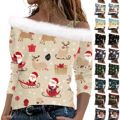 Женский повседневный модный топ с длинными рукавами и открытыми плечами с рождественским принтом из плюша