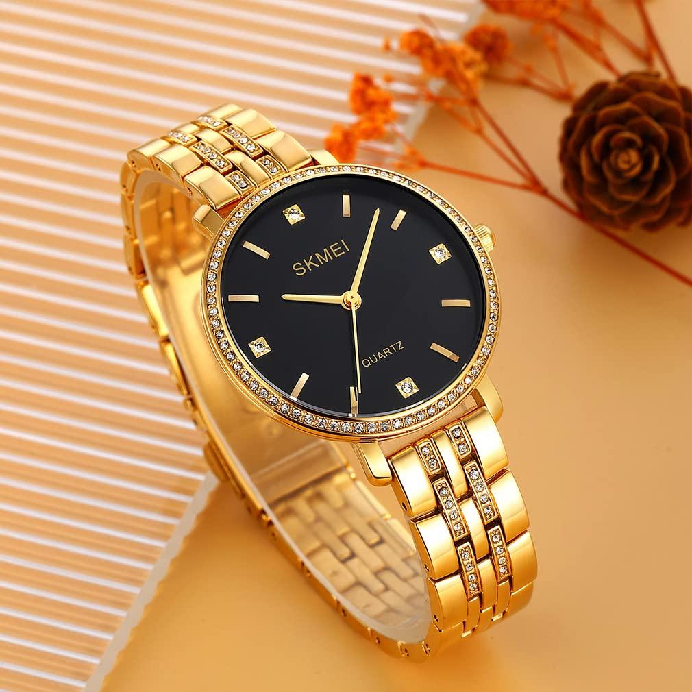 Simple and stylish wristwatch with classic large gold stainless and black Perfect for business or as a women's diamonds, design, accents, waterproof,