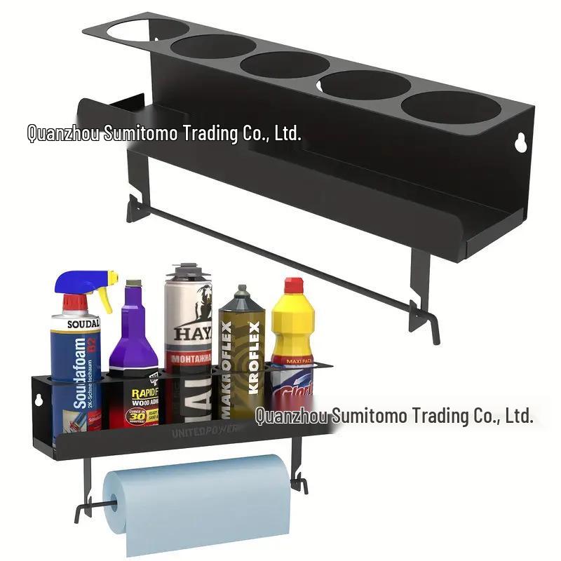Wall-Mounted Black Metal Storage Shelf for Bottles, Jars, and Paper Rolls