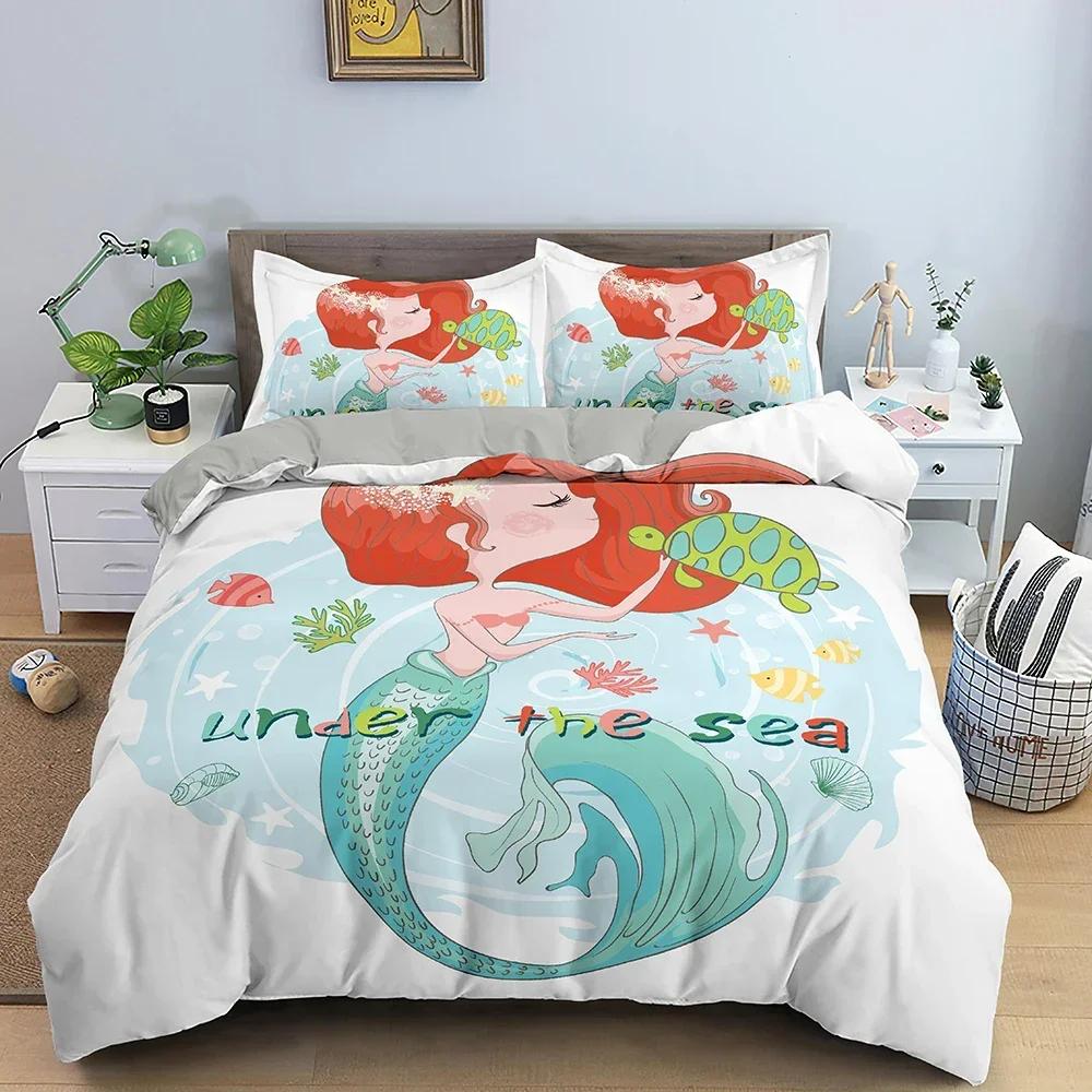 Cartoon Mermaid Pattern Comfortable Duvet Quilt Cover Pillowcase Bedding Set Children Bedroom Decoration Home Textile