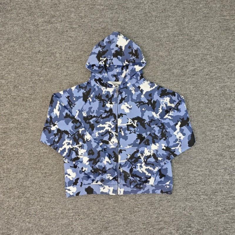 Mens Blue Camo Cotton Hoodie Zip Up Casual Sweatshirt Couples Youth Streetwear