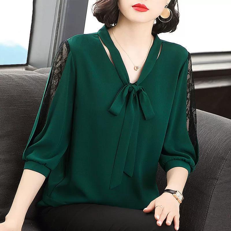 Chiffon Shirt Western Style Super Fairy Small Shirt V-neck Pullover Bow-sleeved Loose Large Size Lace Bottoming Shirt