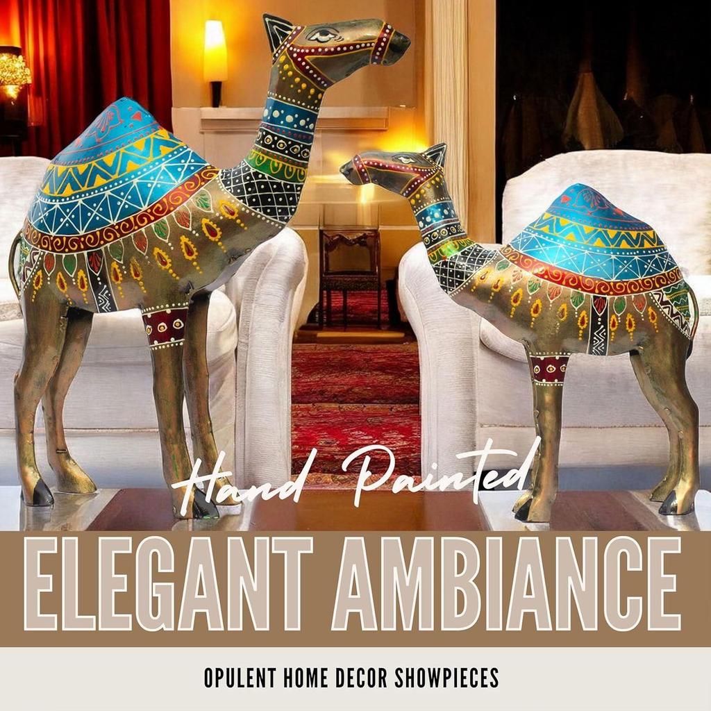 Королевские Раджастанские Кованые Железные Статуэтки Верблюдов - Набор из 2 штук | Расписанный вручную Яркий Декор | Идеально для Праздничных, Свадебных, Корпоративных Подарков (Верблюды)