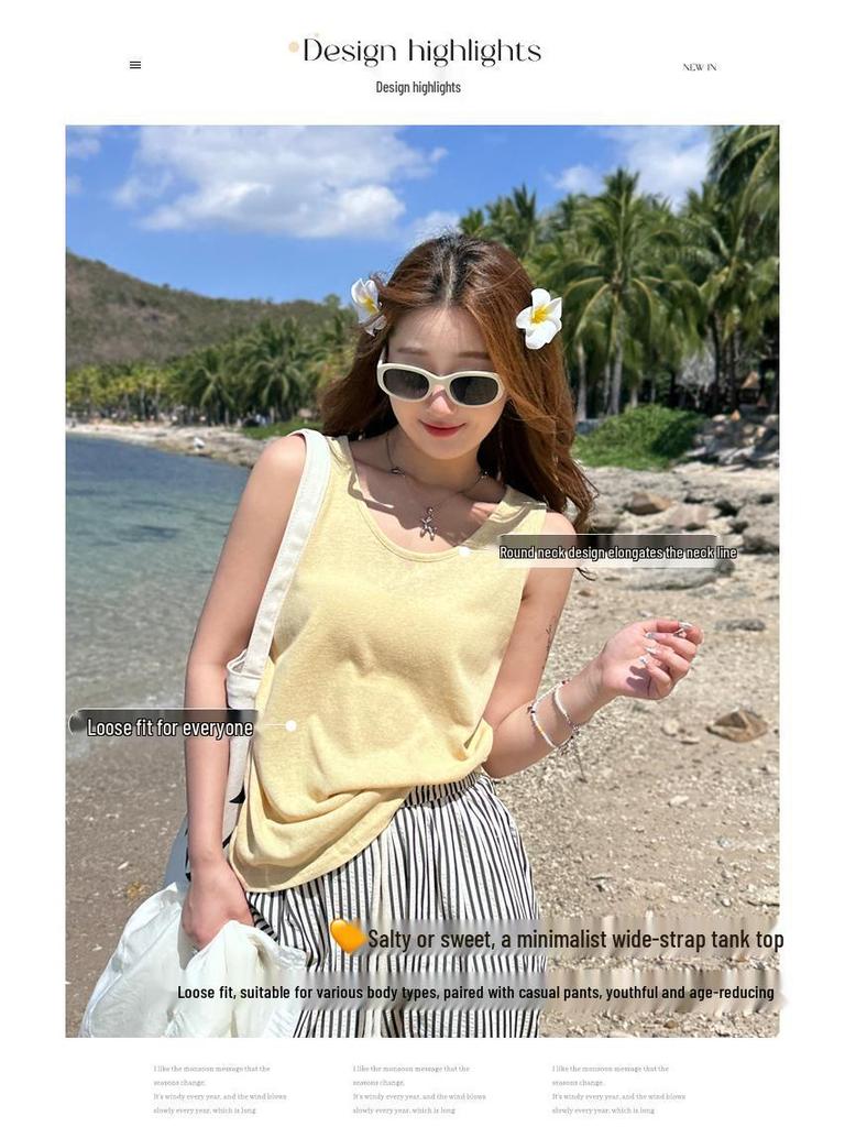 Женская желтая хлопково-льняная майка: Летний жилет без рукавов 2025, облегающий базовый топ свободного кроя