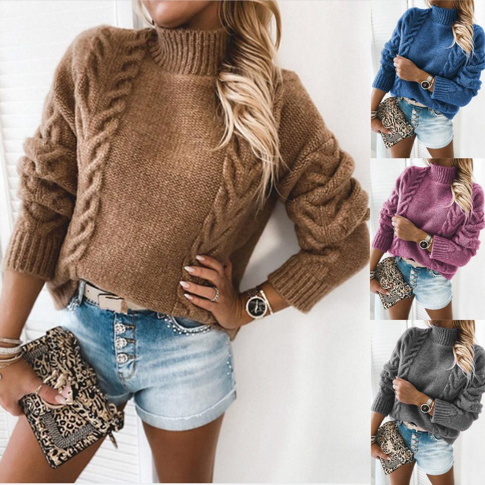 Fall/Winter Women's Sweater Solid Color High Neck Long Sleeve Knitted Casual Sweater