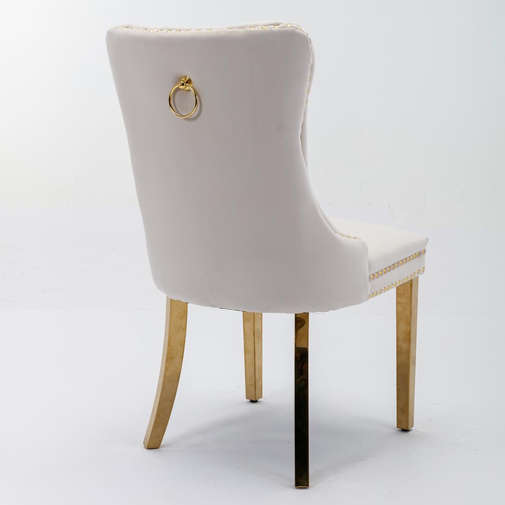 A&A Furniture,Nikki Collection Tufted Solid Wood Velvet Dining Chair with Golden Plating Legs,Nailhead Trim,Set of 2, Beige and Gold, DE1601BG