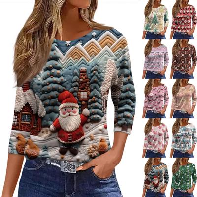 Женская Мода Повседневный Рукав Три Четверти Рождественский Принт Горловина Топ