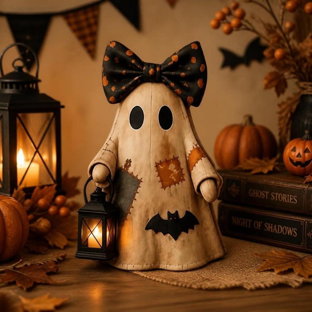 Double-Sided Printed Wooden Ornament Vintage Distressed Ghost Figurine Tabletop Ornament Halloween