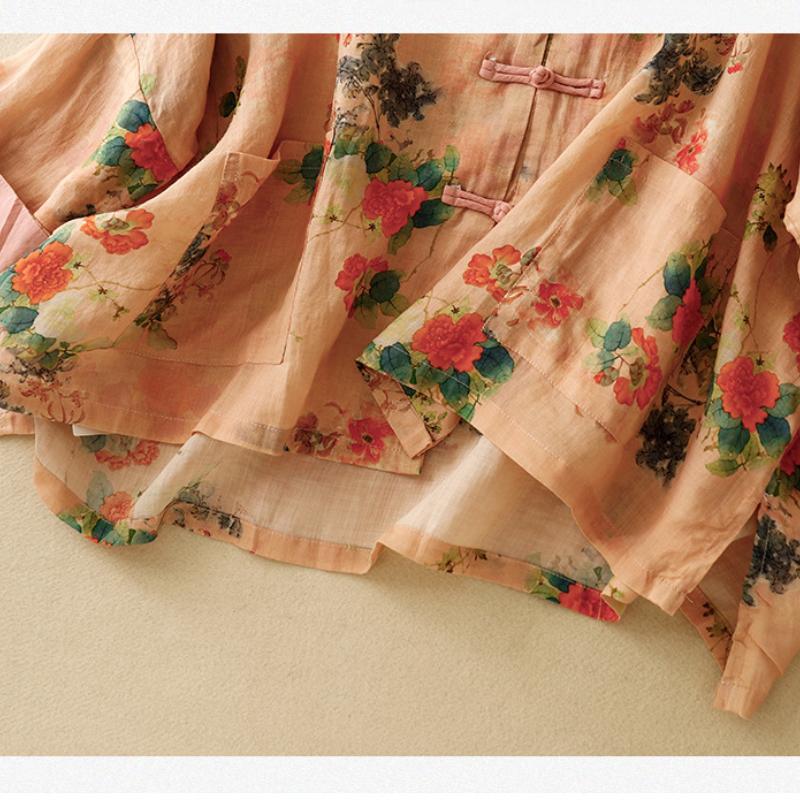 Летняя рубашка с длинными рукавами из хлопка и льна в китайском стиле в стиле ретро, с накладными пуговицами и воротником-стойкой в литературном стиле для женщин