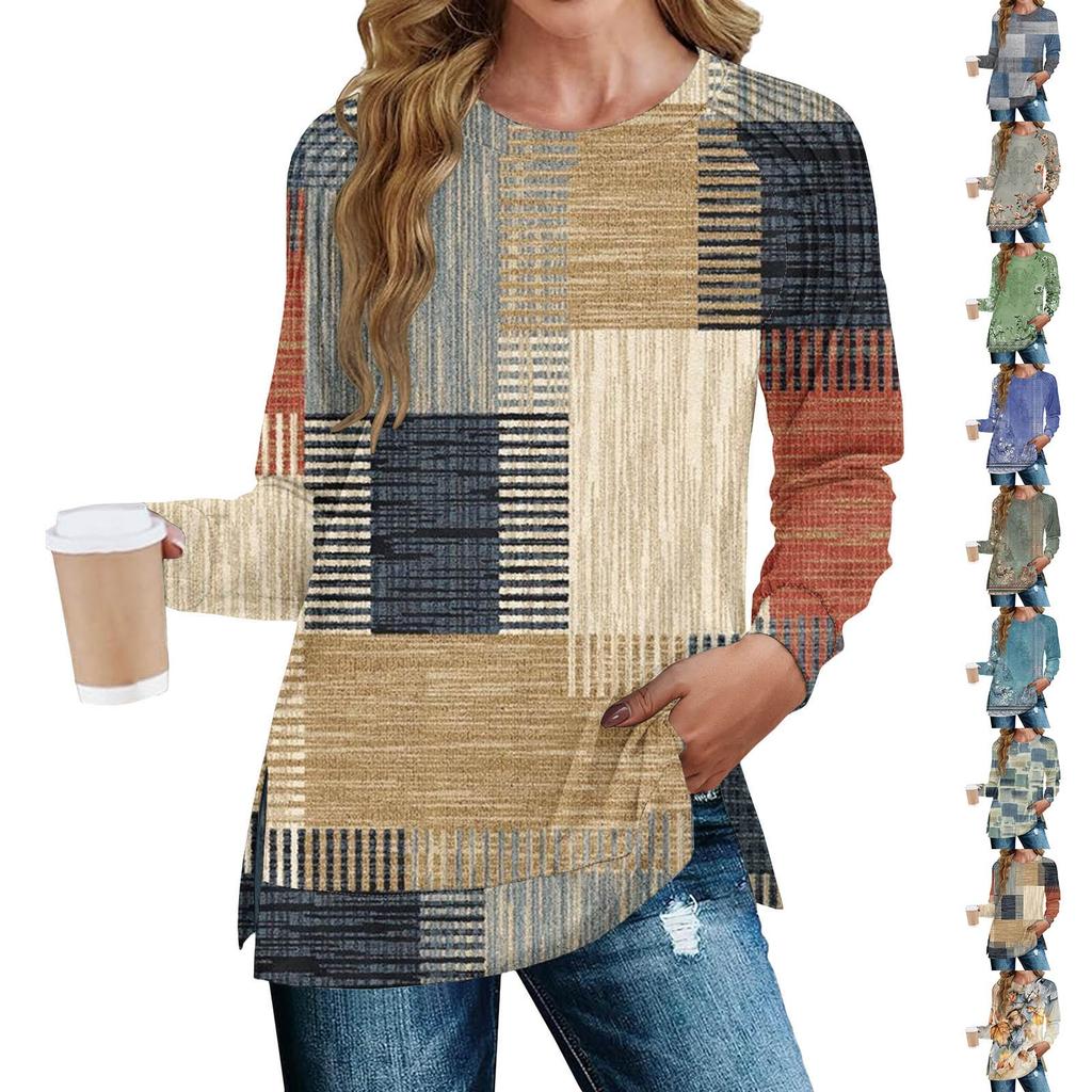 Women's Fashion Casual Split Print Pleated Hem Split Loose Fit Fall Sweatshirt Long Sleeve Top