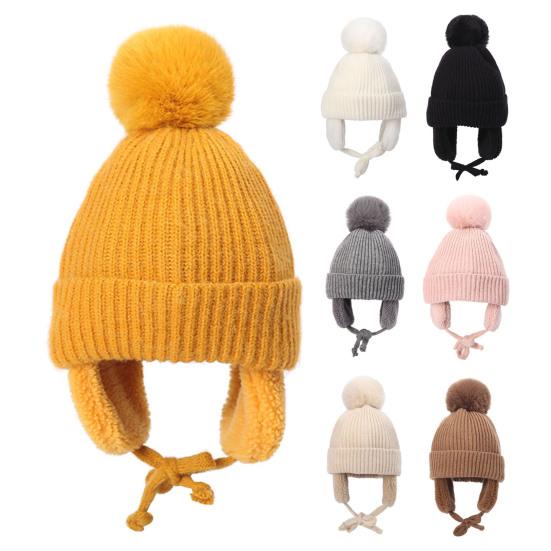 Yousheng Children Hat Thickened Wool Knit Hat with Pom-Pom Ball Decor Extended Ear Flaps Design Fleece Lining Warm Winter Hat