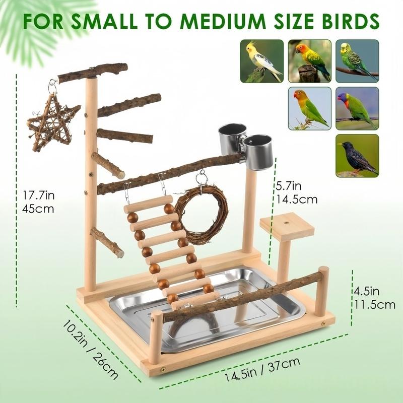 Wooden Bird Play Stand Natural Wood Parrot Playground with Ladder Swing Feeding Cup Cage Top Training Gym Perch for Parrots