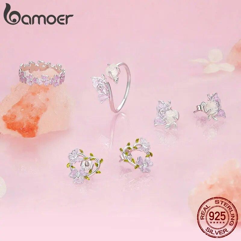 Серьги-гвоздики Bamoer из стерлингового серебра 925 пробы с цветком глицинии и бабочкой, серьги-гвоздики с сердцем и виноградной лозой для женщин и девочек, романтические изящные ювелирные изделия