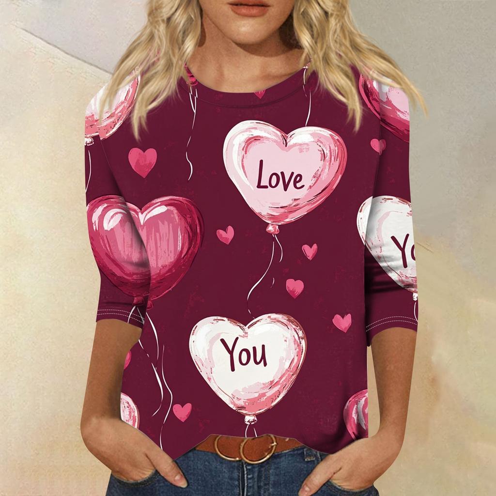 Футболка женская с рукавом 3/4, повседневная футболка с принтом ко Дню святого Валентина, джемпер с круглым вырезом