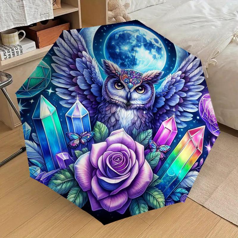 1pc Enchanted Moonlit Owl with Crystals and Rose Umbrella with Plastic Handle,Suitable for All Seasons Home Travel Outdoor UmbrellaDD1717