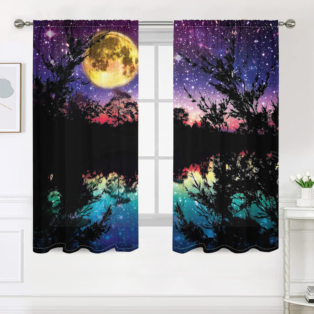 2 pieces, purple starry sky, moon, trees, lake curtains, filter, suitable for living room, kitchen, bedroom, home decoration