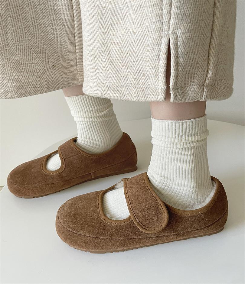 Шерстяные ретро Мэри Джейн на плоской подошве Шерстяные одинарные туфли женские 2025 осень и зима бархатные туфли Birkenbeanie