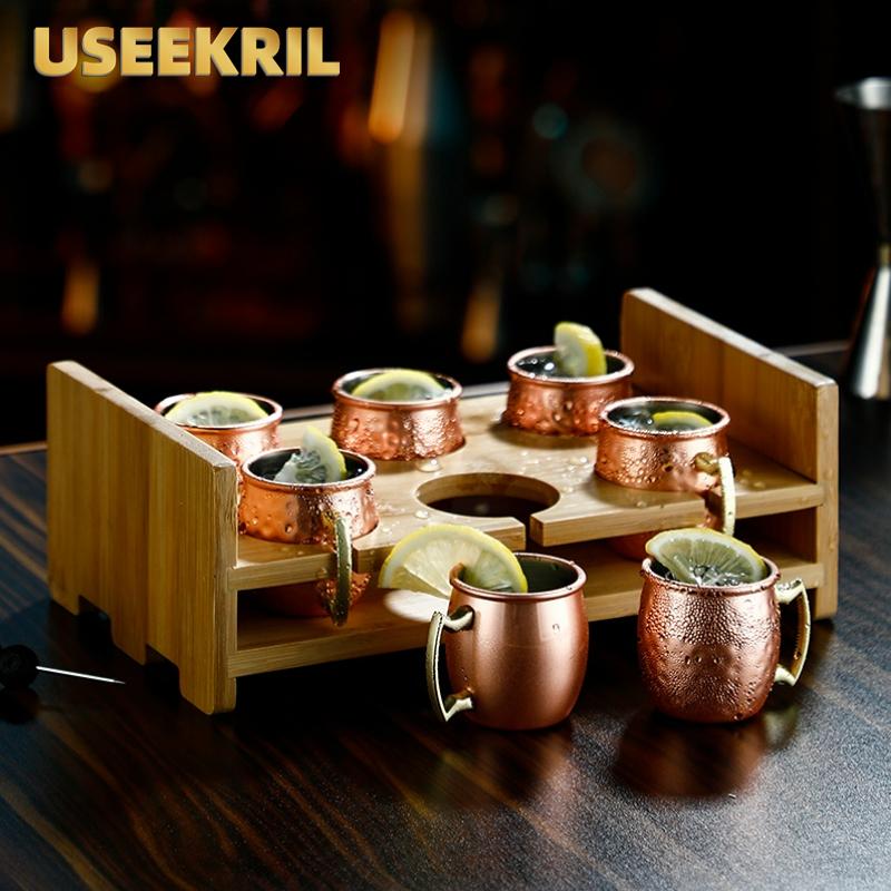 6 шт./набор 60 мл Мини-кружки Кружка Moscow Mule С Деревянной Подставкой Коктейльные Чашки Нержавеющая Сталь Чеканка С Медным Покрытием Пивная Винная Кружка
