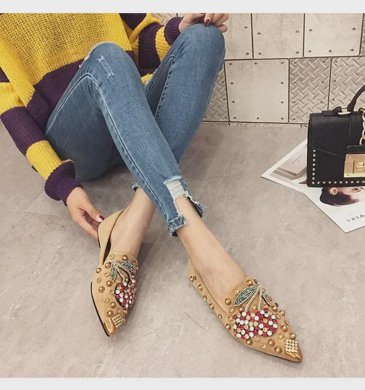 Women's 2020 Autumn Large Single Shoes - Rivet Cherry, Rhinestone Pointed Toe, Flat Style