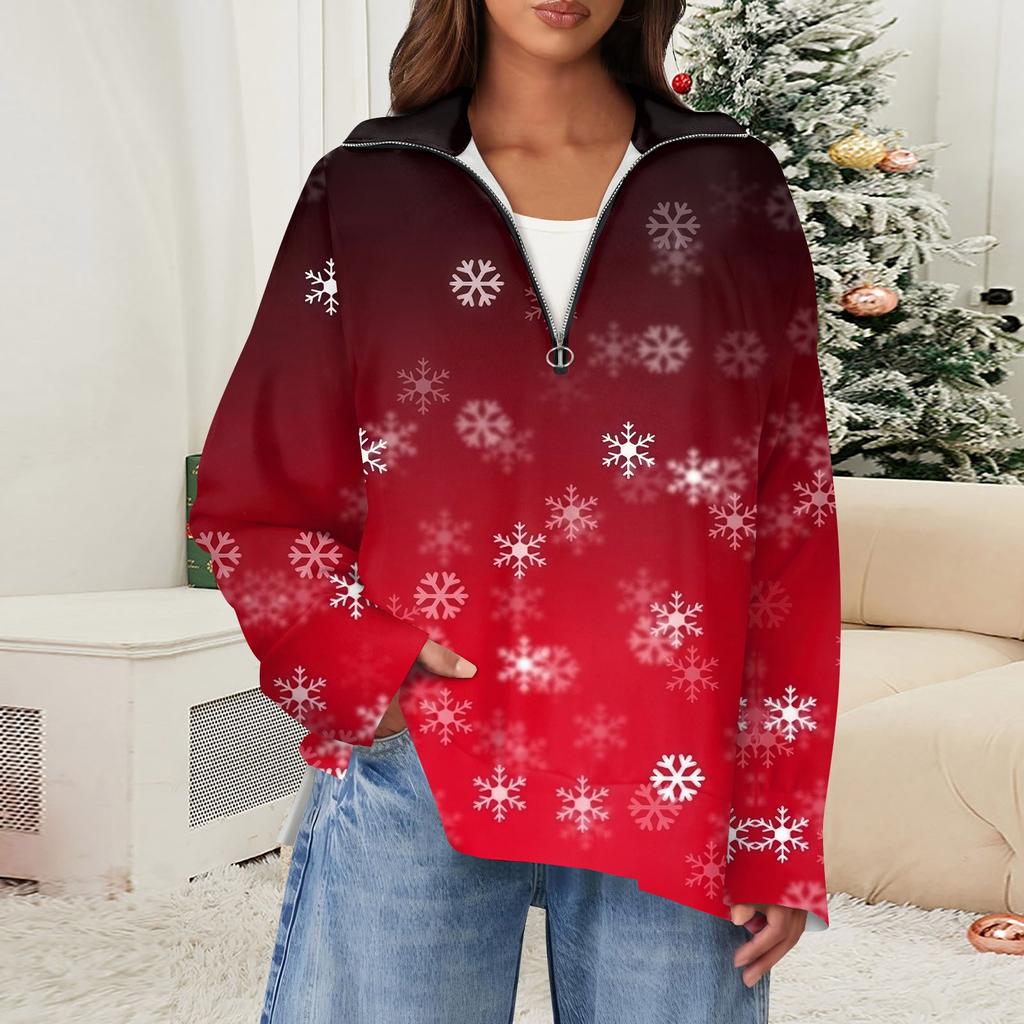 Женский повседневный свитер с полумолнией и лацканами со снежинками и разрезом сверху по бокам, модная одежда