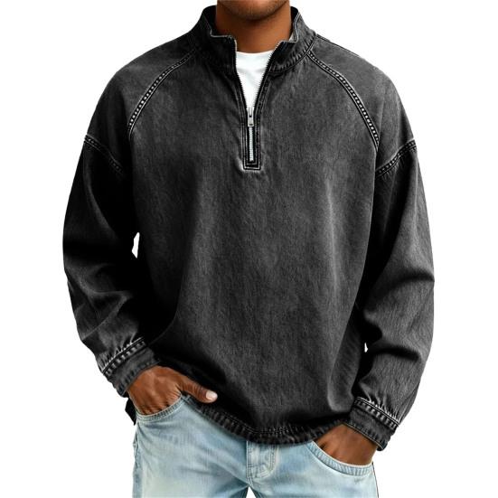 Мужской джинсовый пуловер на четверть молнии со стойкой воротником, винтажная повседневная толстовка с эффектом потертости, свободная толстовка с высоким воротником для вечеринки, улицы, отпуска