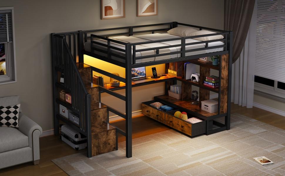 140x200 Metal Loft Bed with Desk and Shelves, Two Integrated Drawers, Staircase with Storage Space, Black