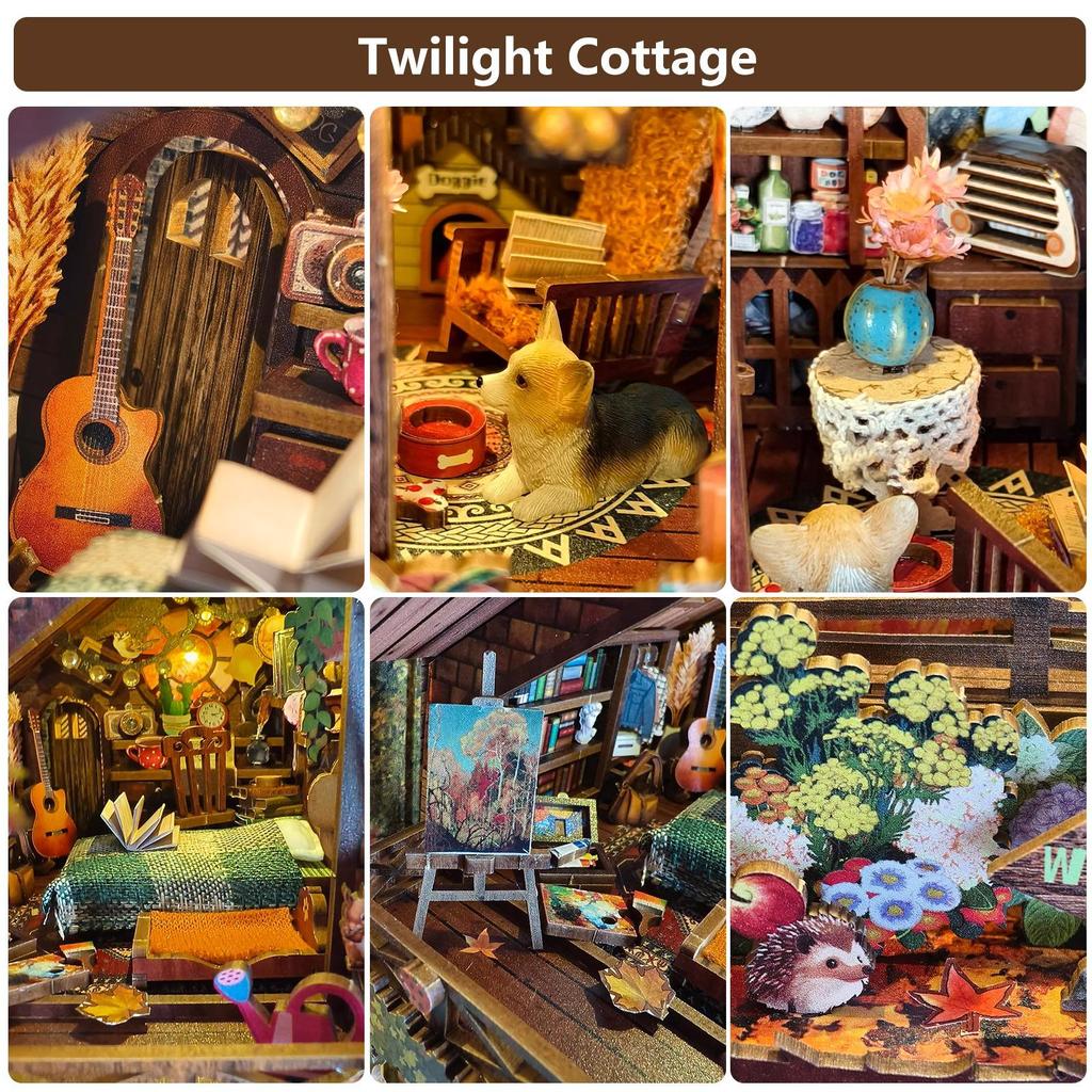 Twilight Cabin Bookends: DIY Wooden 3D Puzzle House Model, Handmade Building Blocks, Assembled Toy Gift.
